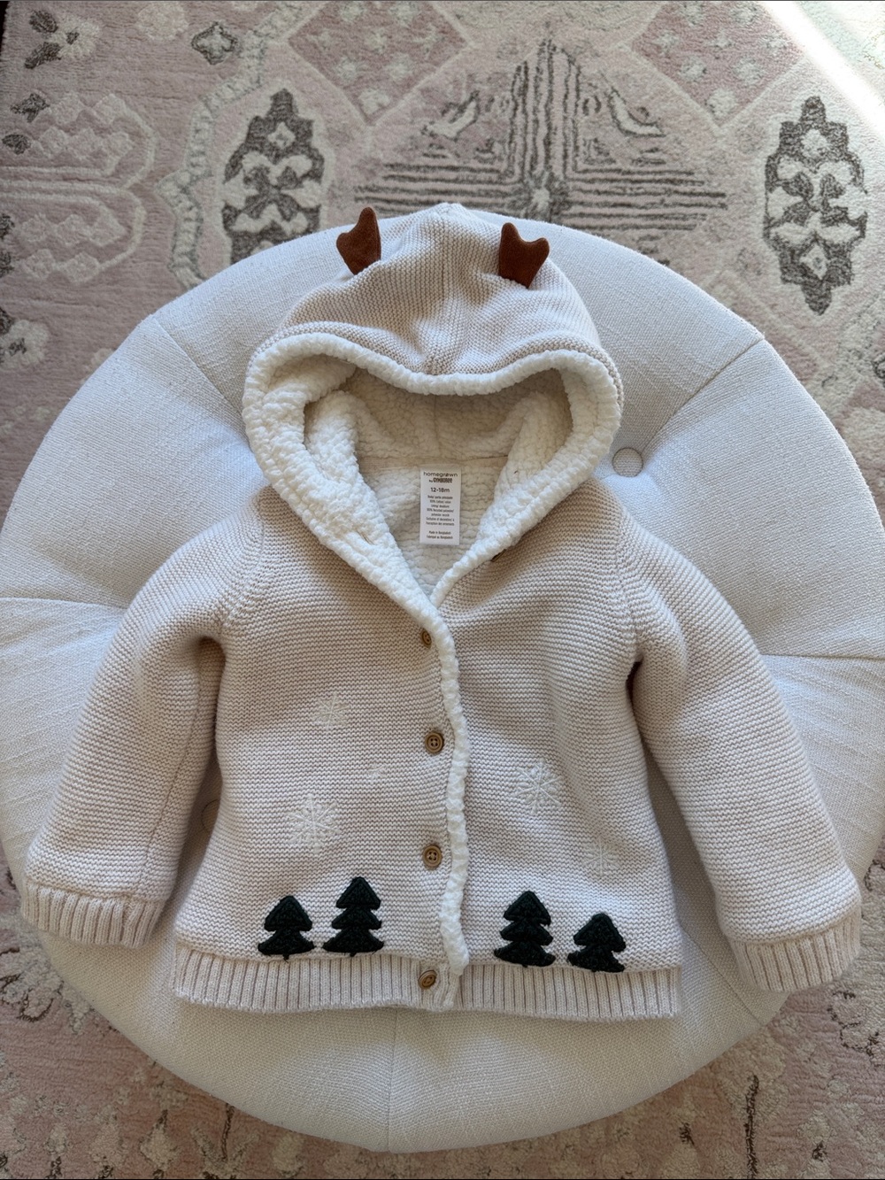 Baby Cozy Cream Hooded Knit Cardigan with Tree Appliqué by Gymboree